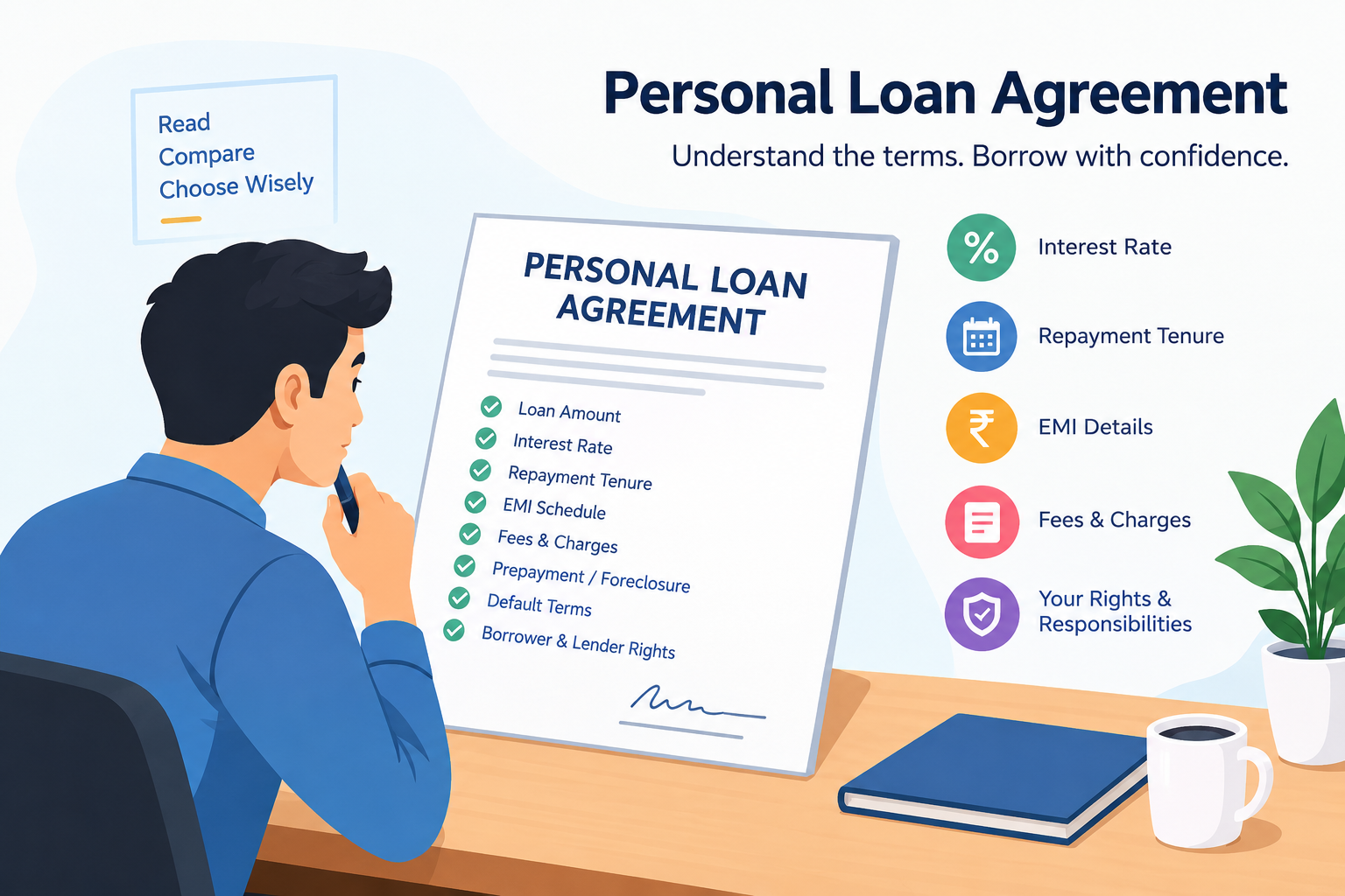 Personal loan agreement guide explaining loan amount, interest rates, EMI schedule, repayment tenure, fees and charges, foreclosure terms, and borrower rights.